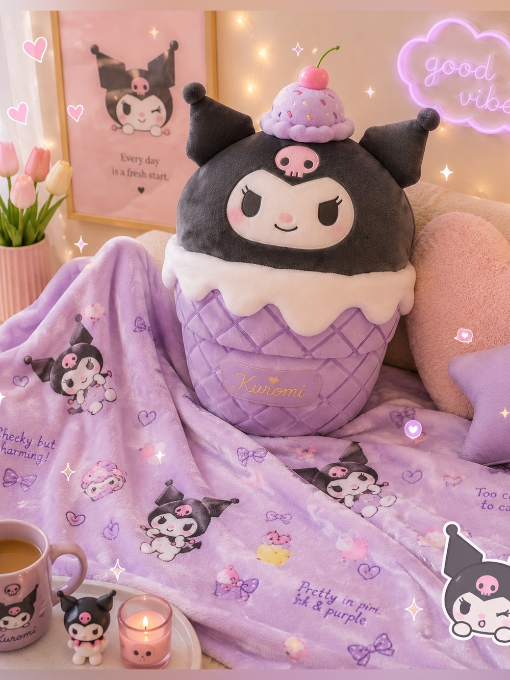 Sanrio Kuromi Ice Cream Plushie Pillow with Blanket